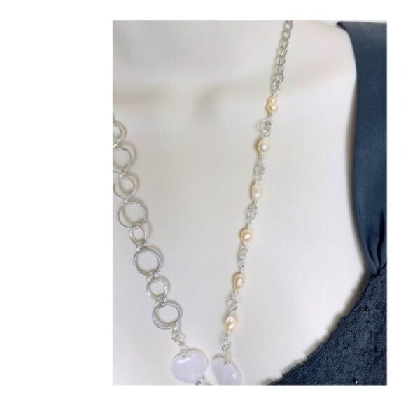 Handmade Vint Valentines Day Pendant Necklace w/ Pink Quartz & Freshwater Pearls - Picture 6 of 14